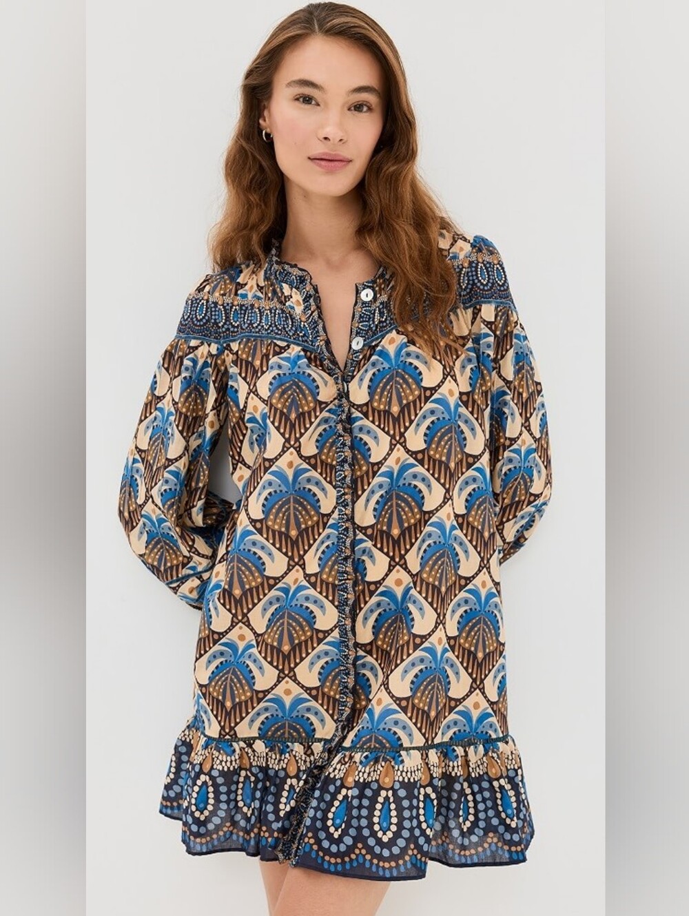 FARM RIO Cocopalm Beige Tile Print Mini Shirt Dress Cotton Vacation Resort Sz S
